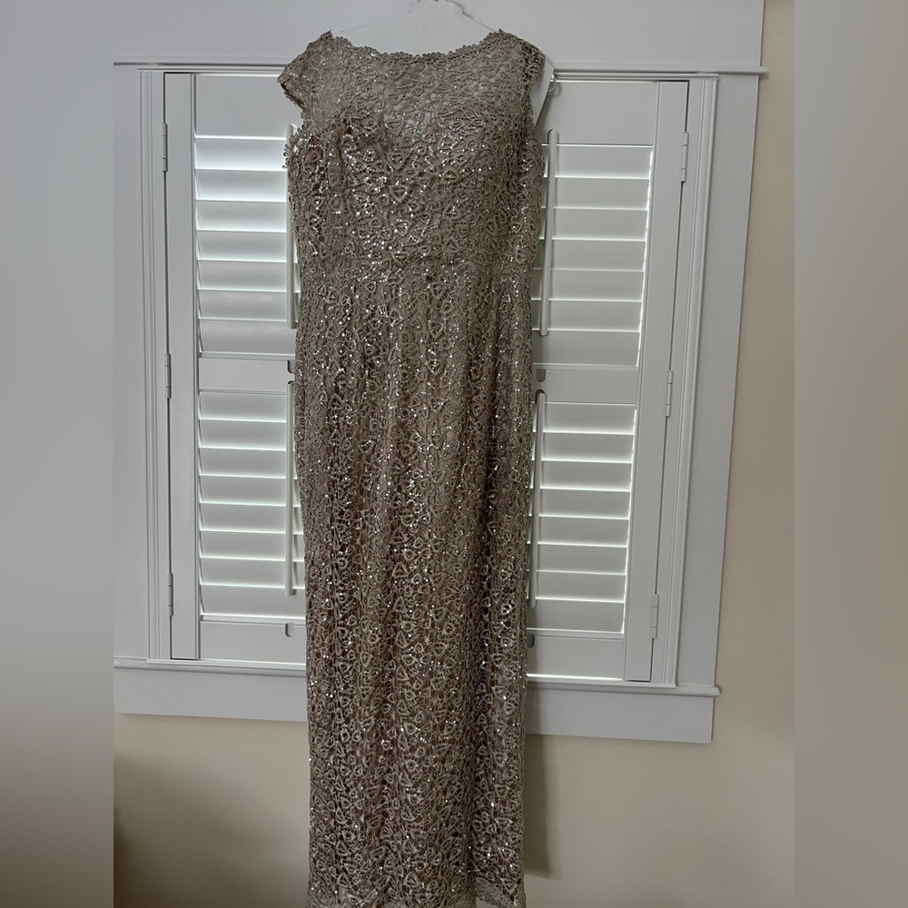 Montage by Mon Cheri Beaded Lace Evening Gown in Champagne